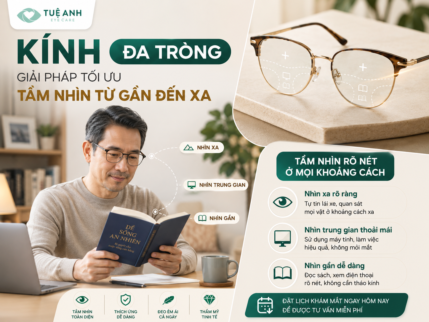 Kính đa tròng: Giải pháp tối ưu tầm nhìn từ gần đến xa cho người trung niên 